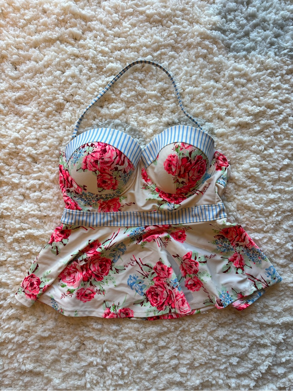 Betsey Johnson White Floral Bandeau Swim Top with Pink Roses & Blue Stripe Trim